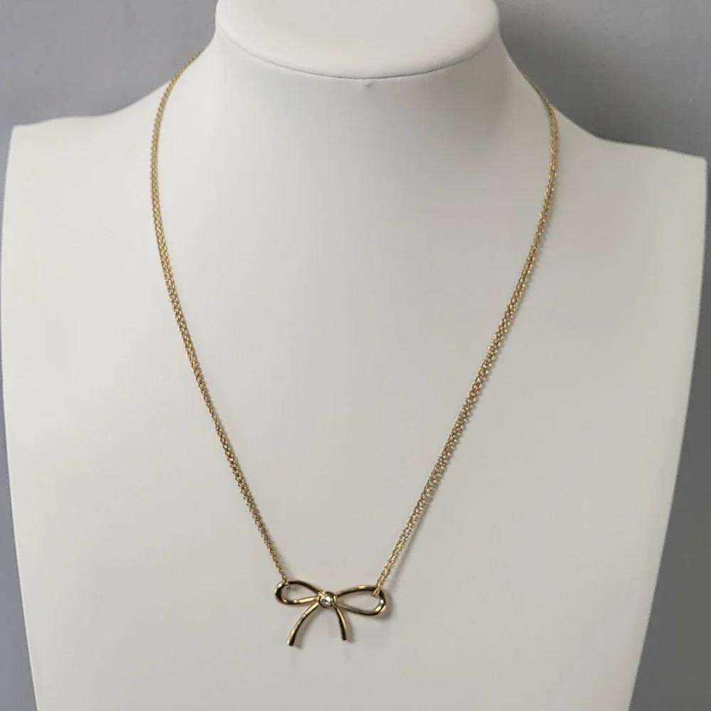 Kate Spade Ribbon Bow Necklace Women Gold Tone Crystal Accent Double Strand
